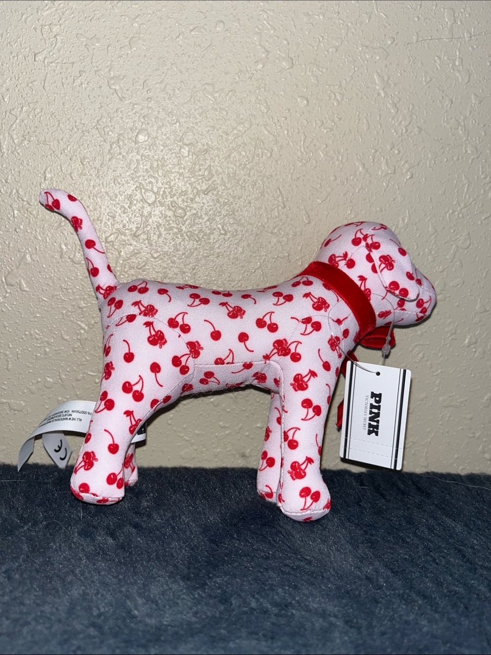 PINK Victoria's Secret Pink & Red Cherry-Print Plush Dog Figurine